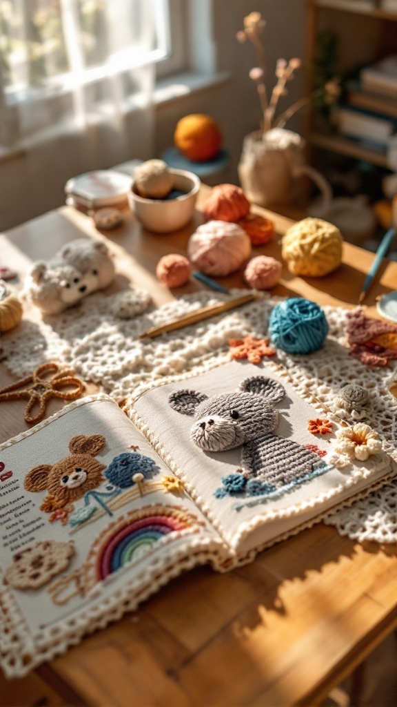 A crochet storybook open to a page with a bear and rainbow, surrounded by colorful yarn balls.