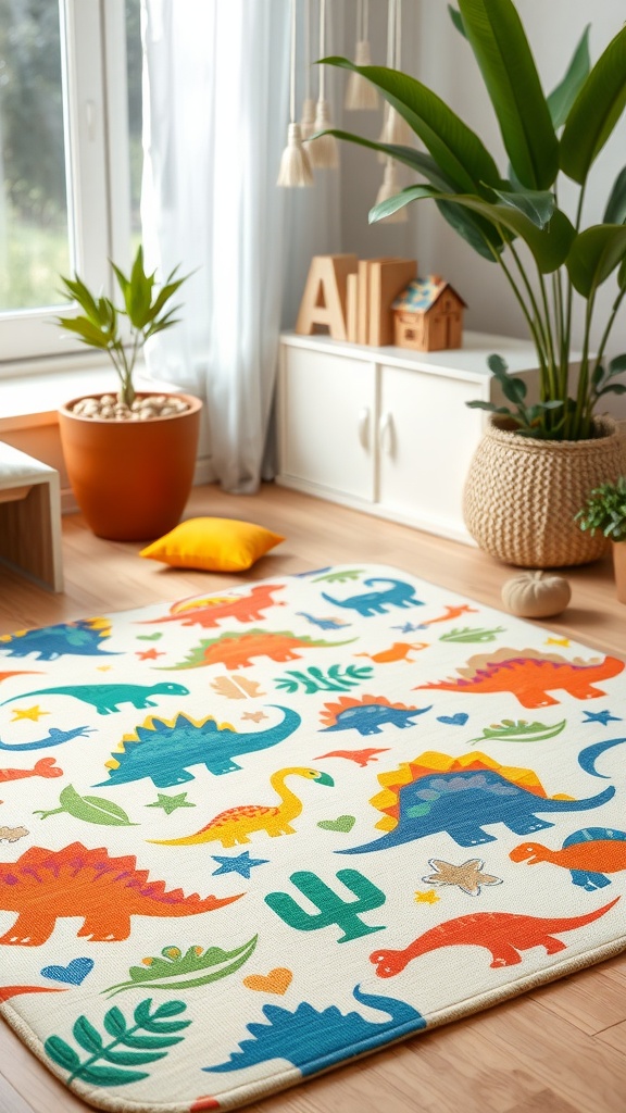 A colorful dinosaur-themed play mat in a toddler's room with vibrant designs and a cozy atmosphere