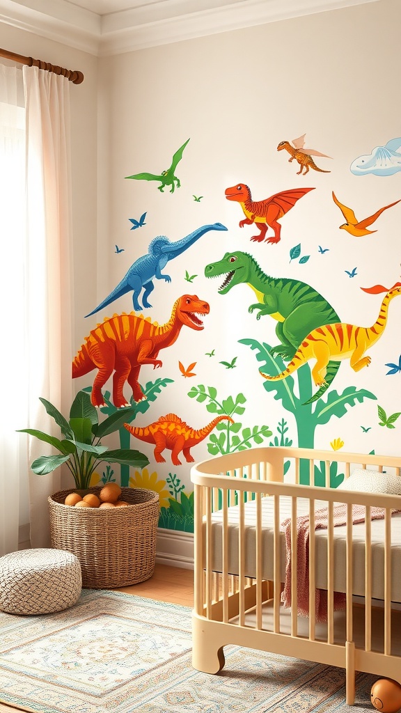 A colorful nursery featuring dinosaur wall decals with a crib and plants.