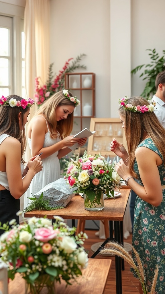 Guests making flower crowns at a DIY station during a baby shower