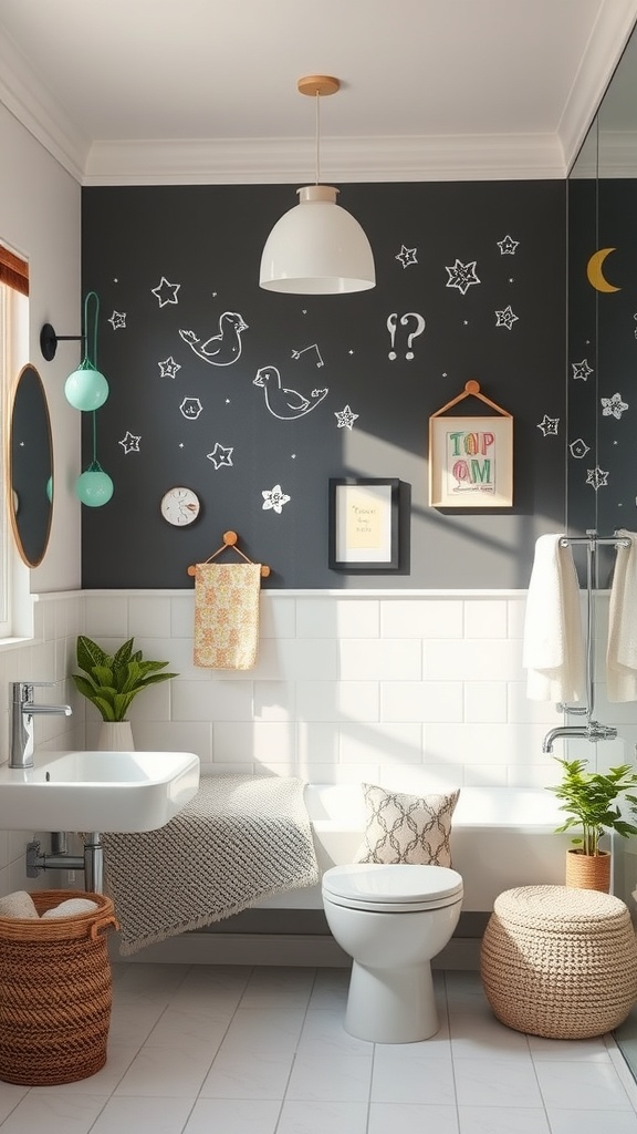 A colorful kids bathroom with a chalkboard wall, playful decorations, and cozy textures.