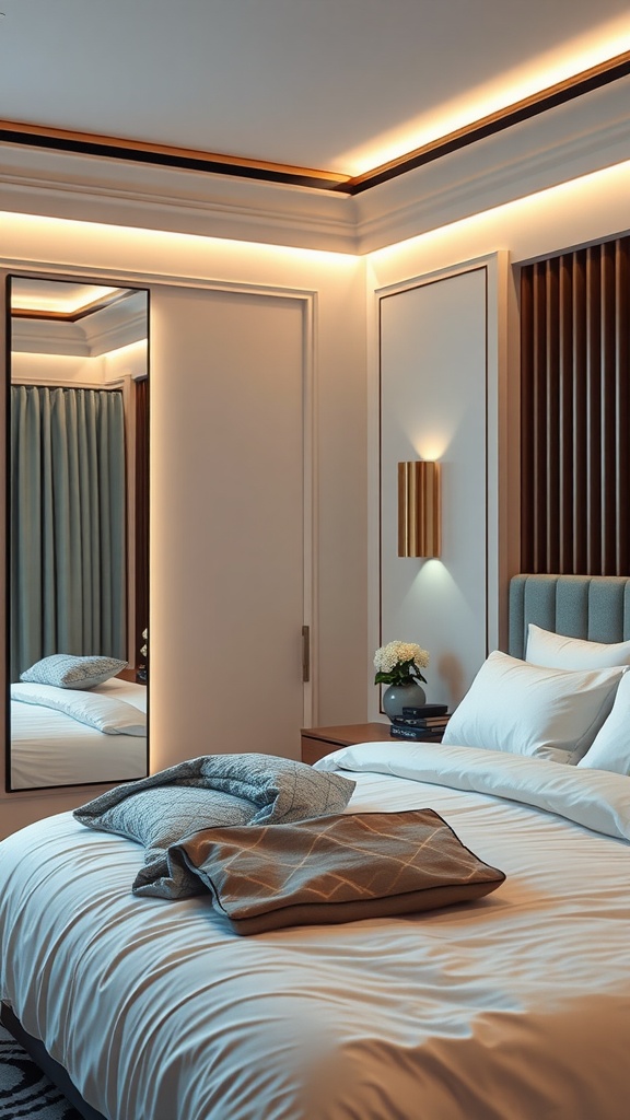 A luxurious bedroom featuring soft bedding, decorative pillows, and warm lighting.