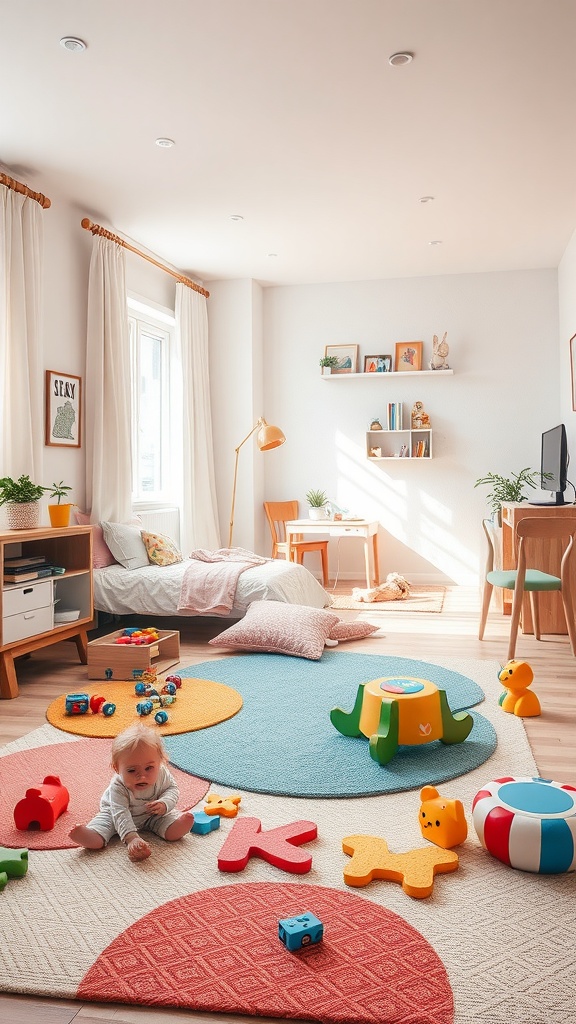A bright kindergarten bedroom with colorful rugs and toys scattered on the floor, showcasing a child playing.