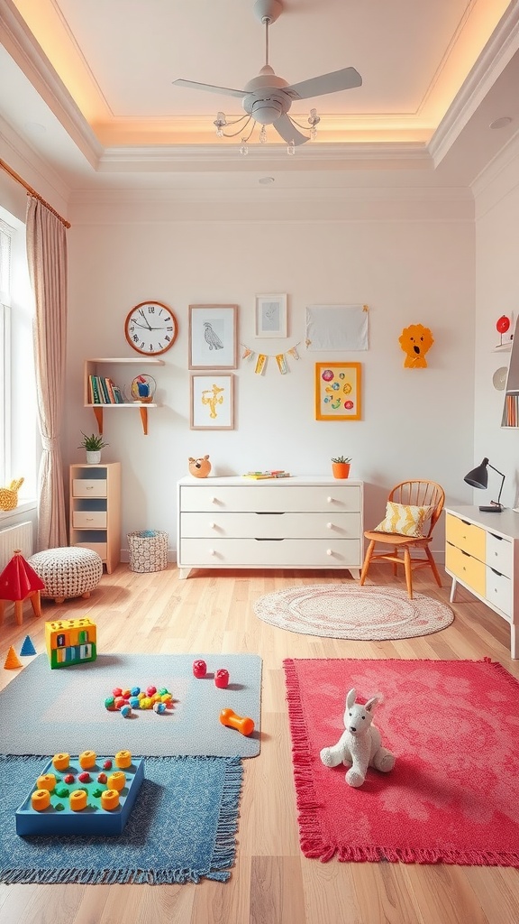 A colorful bedroom play area with rugs, toys, and storage solutions, designed for interactive play.