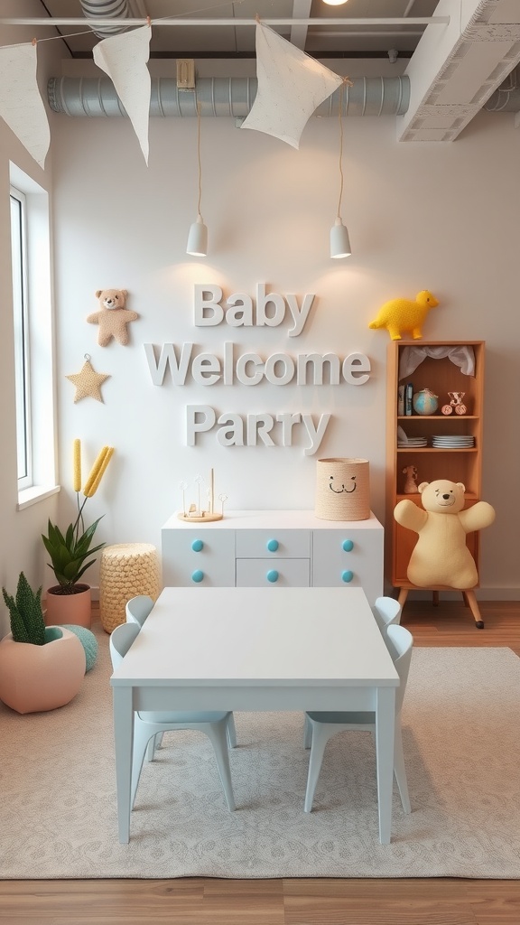 A bright and cheerful baby welcome party area featuring a small table, chairs, and playful decorations.