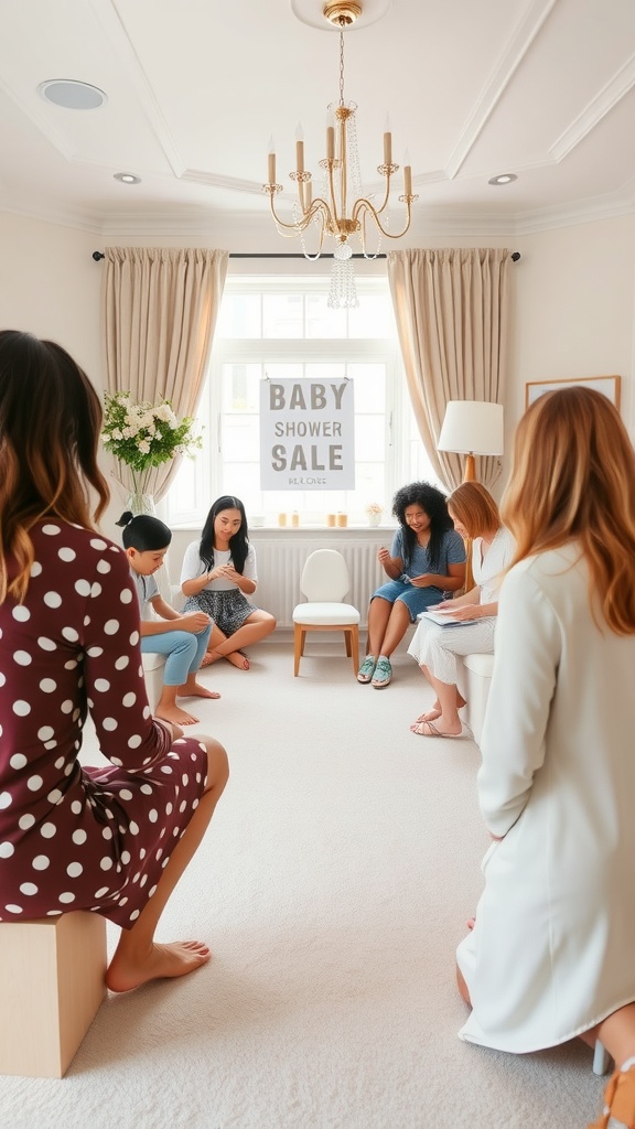A group of women gathered for a baby shower, sitting in a cozy room with a welcoming atmosphere.