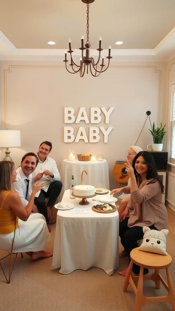 A cozy baby shower setting with guests engaged in conversation and enjoying snacks.