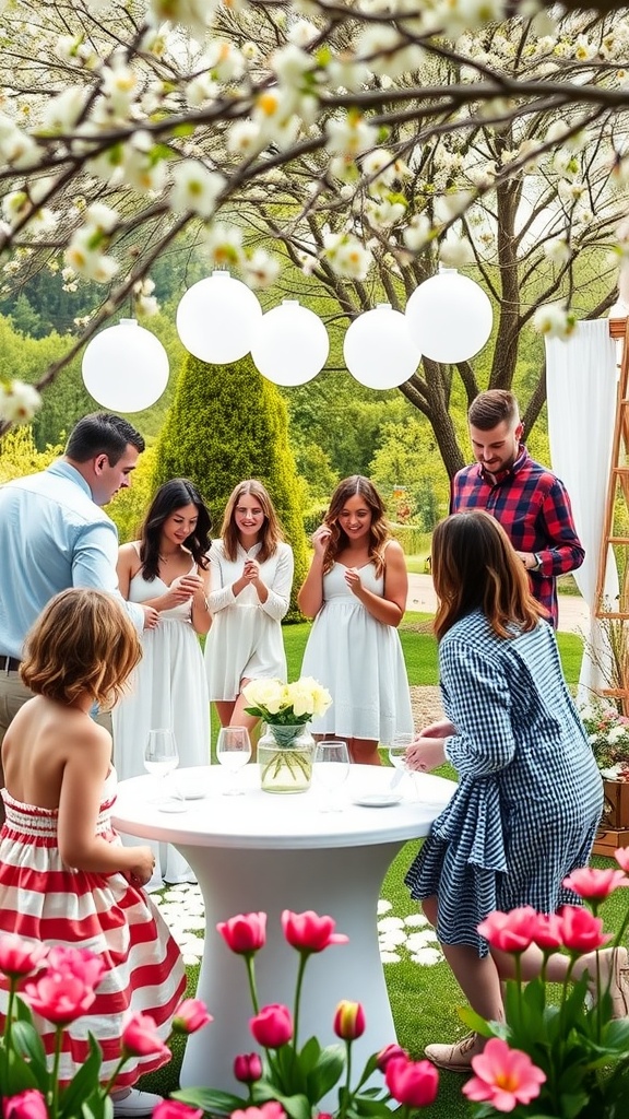 A group of guests enjoying interactive games at a spring baby shower in a beautiful garden setting.