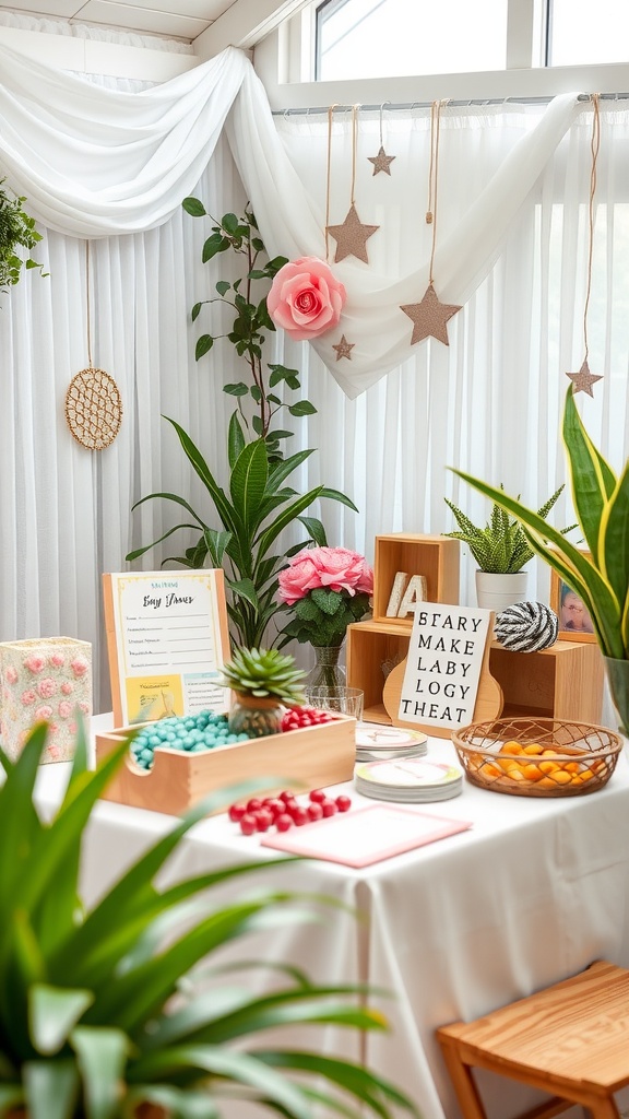 Decorative baby shower games station with colorful candies and floral accents.
