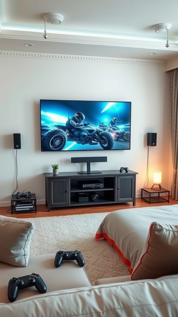 A modern gaming setup featuring a large screen, gaming controllers, and cozy seating.