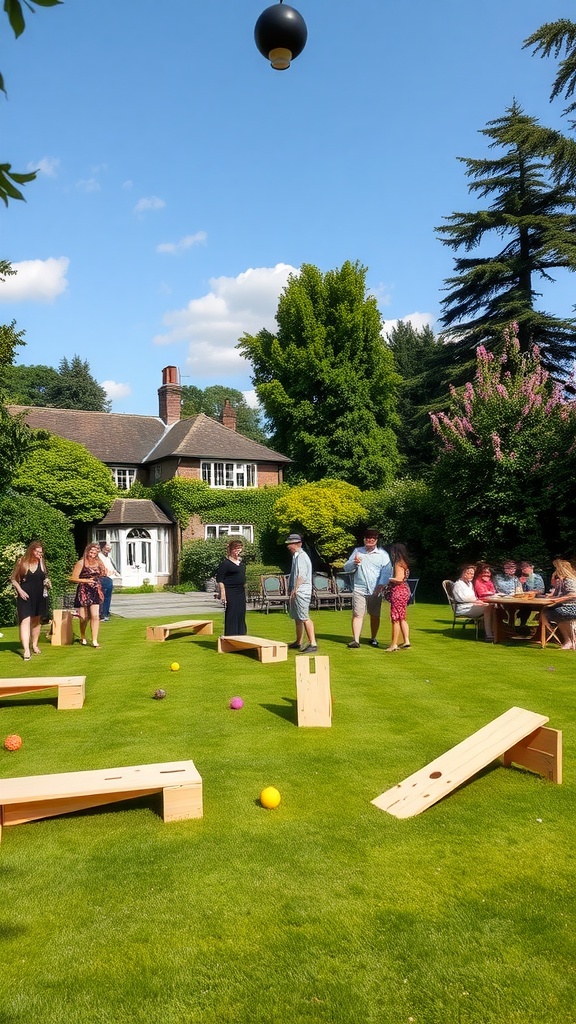 A lively garden party with interactive games and guests enjoying the outdoor setting.