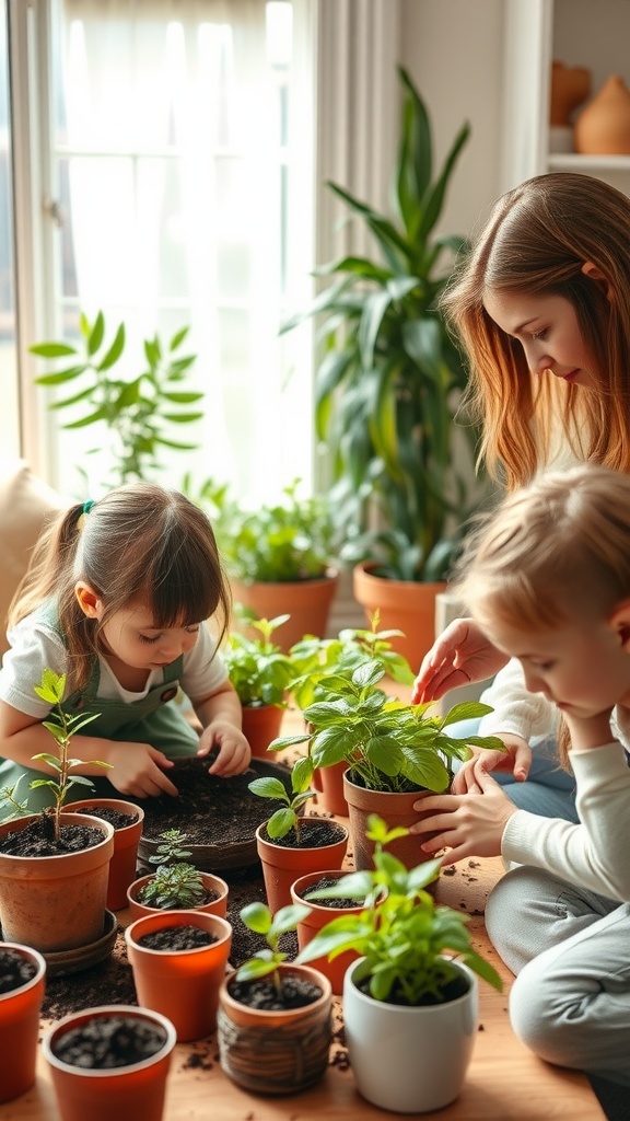 A mother and two children planting in pots surrounded by greenery indoors.