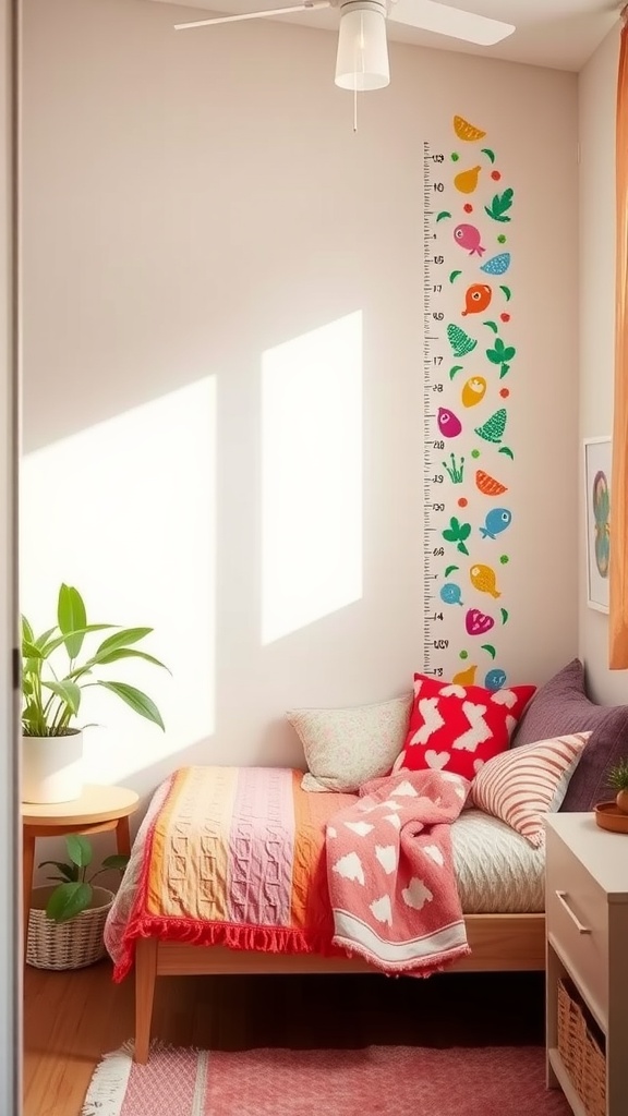A cozy children's bedroom featuring a colorful growth chart on the wall.