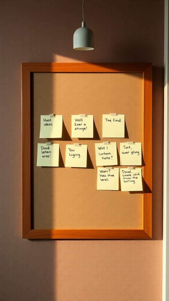 A bulletin board with sticky notes in a wooden frame, showing various handwritten ideas and messages.