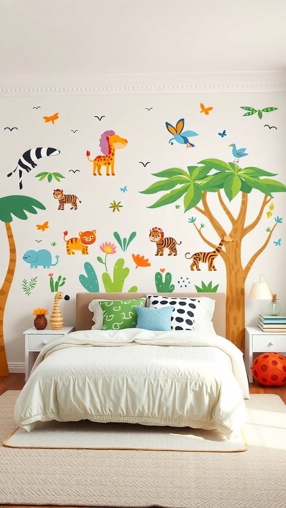 Colorful jungle wall decals featuring animals and plants in a bedroom setting.