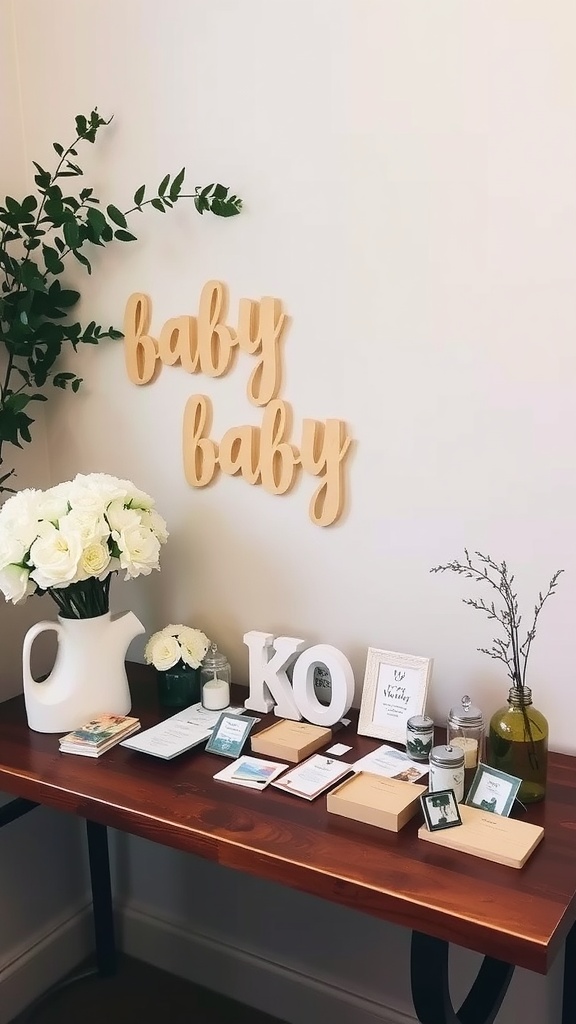 A decorated table with a 'baby baby' sign, flowers, and a guestbook setup.