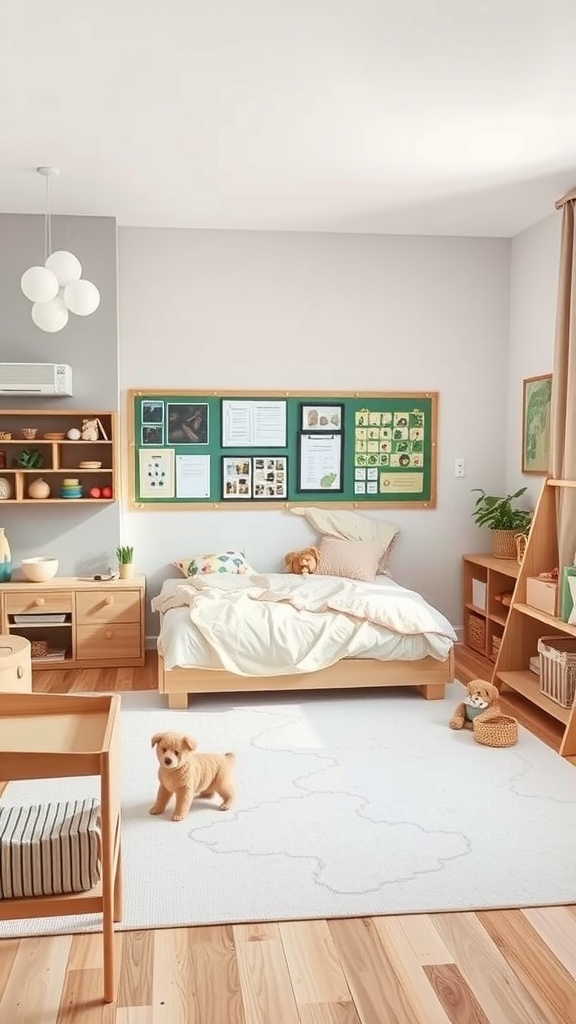 Montessori toddler bedroom featuring an interactive learning board and playful decor.