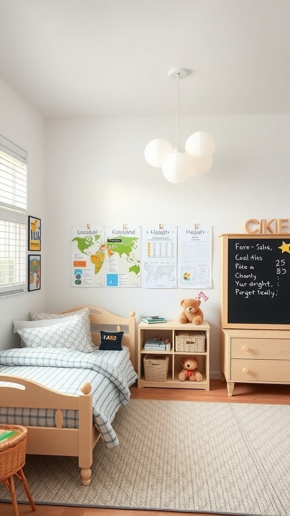 A kindergarten bedroom featuring an interactive learning wall with educational charts and a chalkboard.