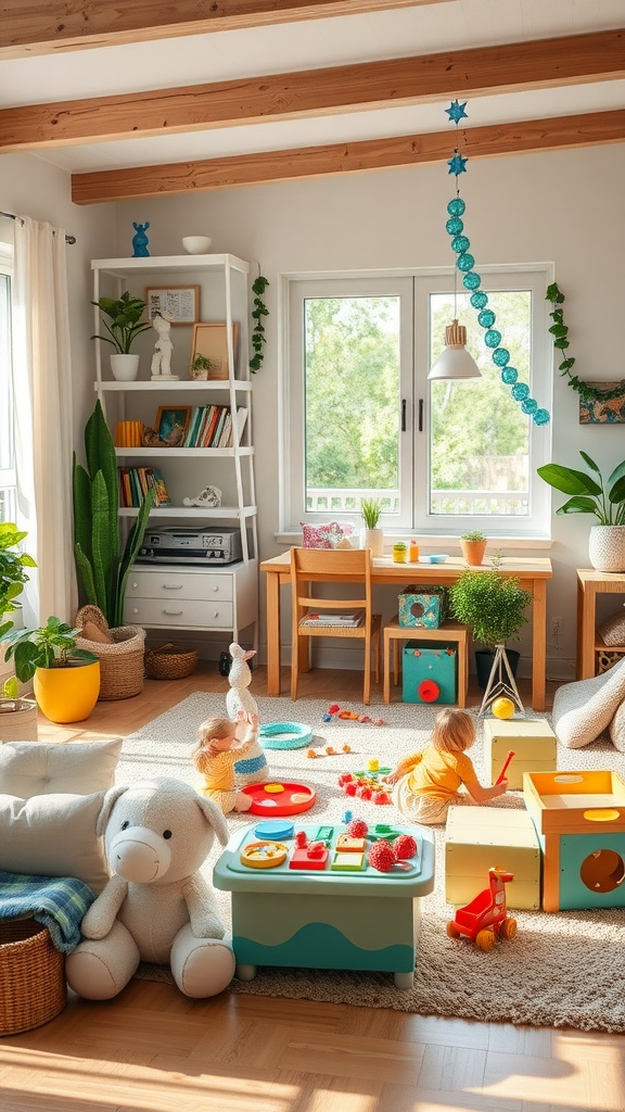 A bright family room playroom with children playing with educational toys, colorful bins, and a cozy atmosphere.