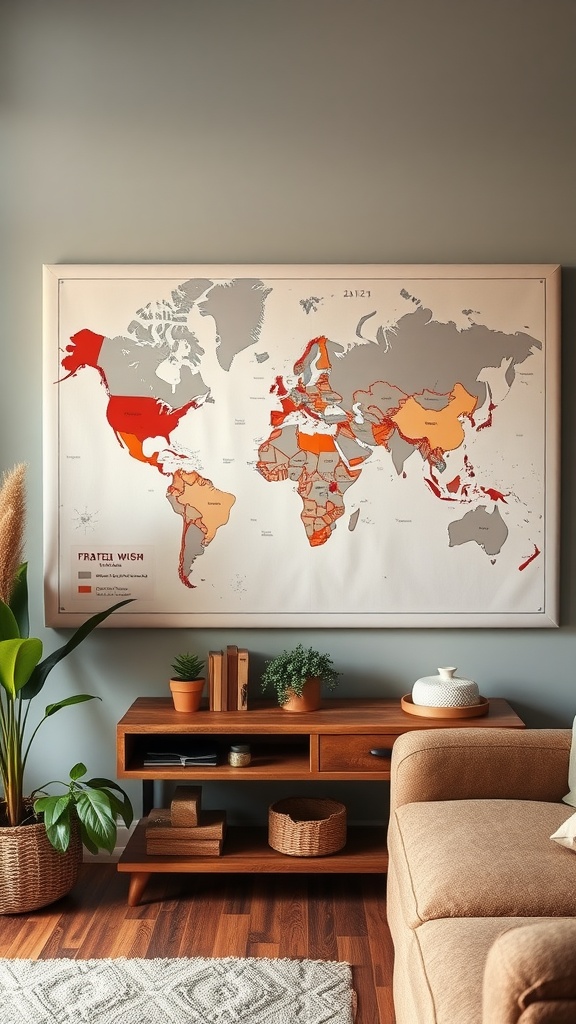 A world map framed on a wall, marked with places for writing wishes.