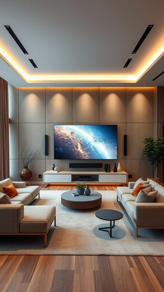 A modern living room with a large TV on a stylish media wall, featuring soft lighting and comfortable seating.