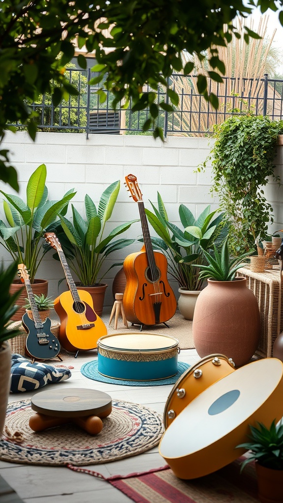 A backyard with various musical instruments including guitars and drums surrounded by green plants.