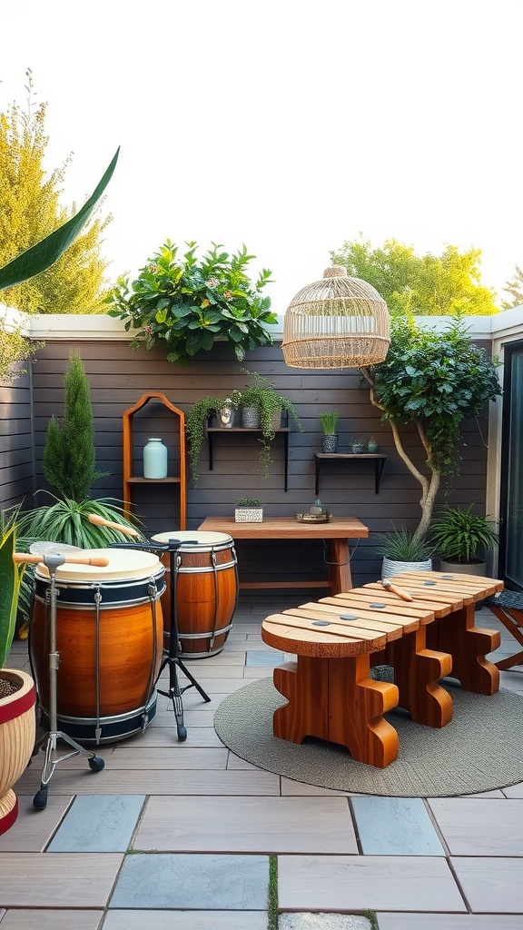 Outdoor toddler play area with musical instruments like drums and xylophones surrounded by greenery.