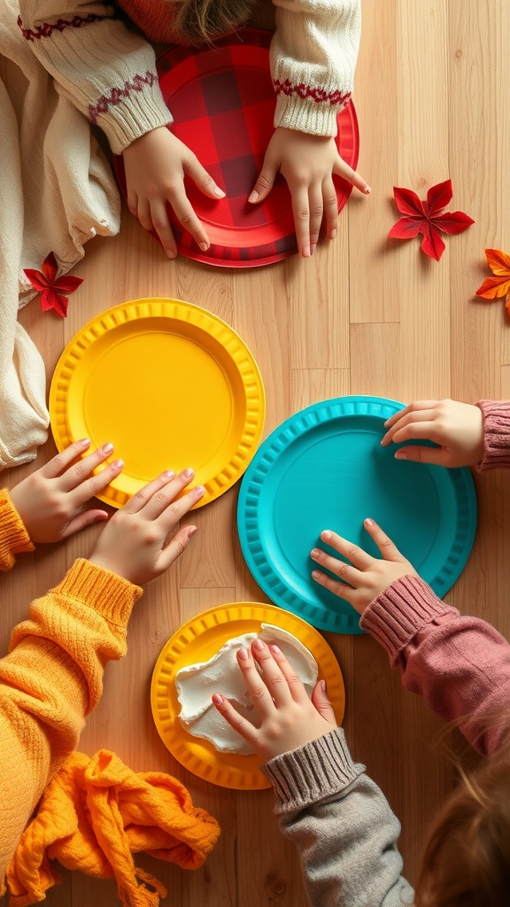 Children's hands decorating colorful paper plates on a wooden surface.