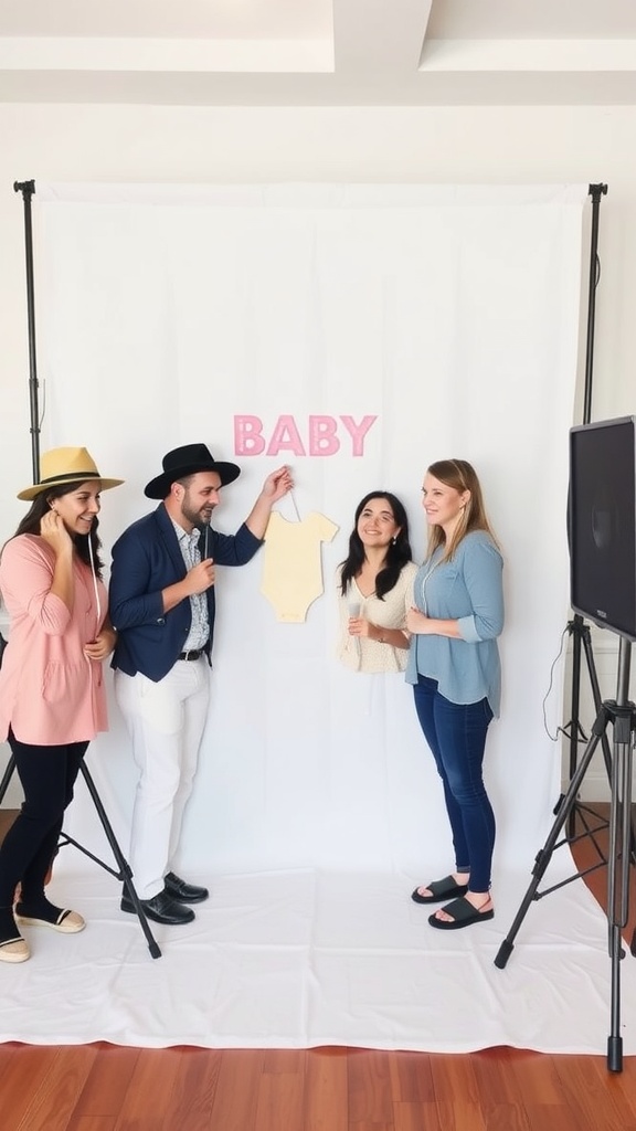 Group of people enjoying an interactive photo booth at a baby shower.