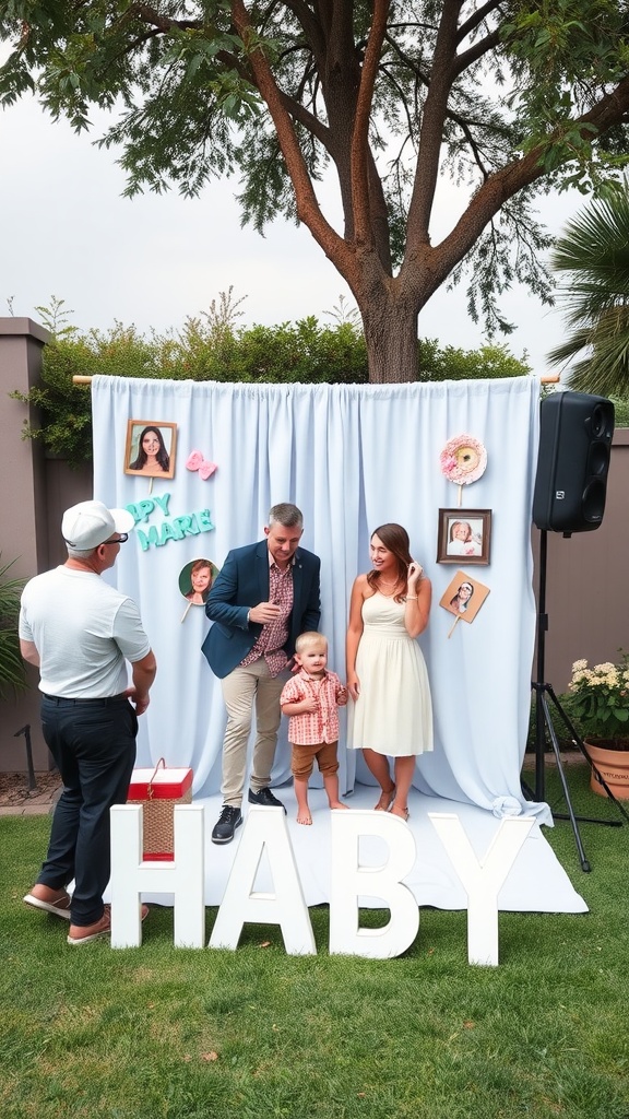 A cheerful outdoor baby shower photo booth with guests posing in front of a decorated backdrop.