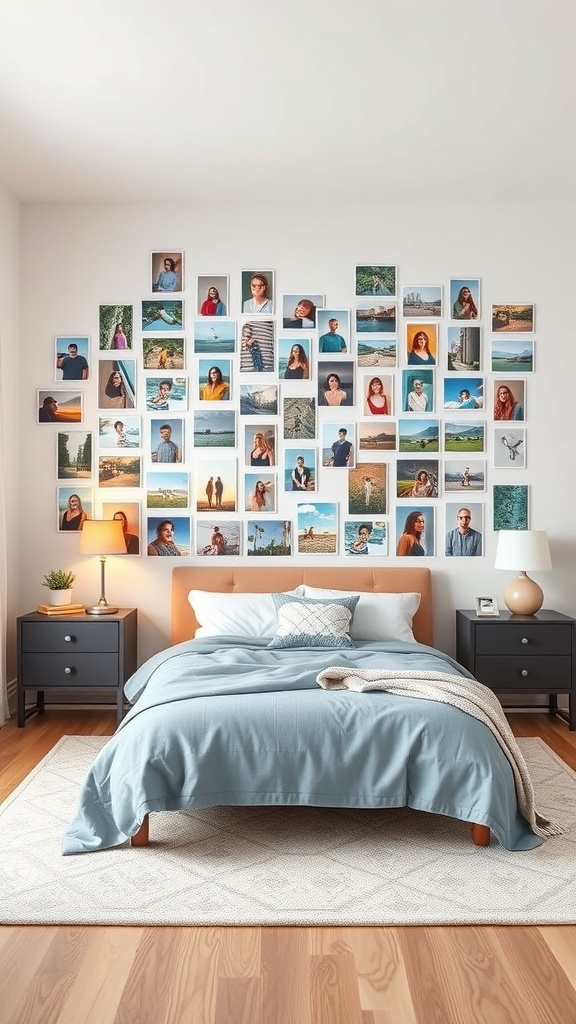 A cozy bedroom featuring an interactive photo wall with various pictures displayed.