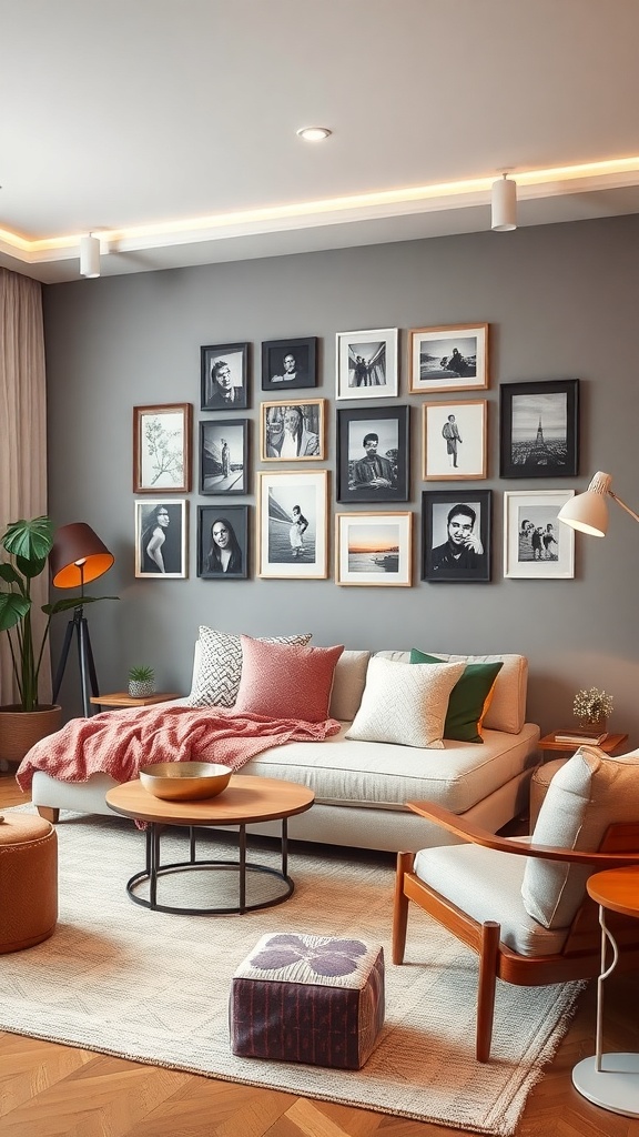 A living room featuring an interactive picture wall with various framed photos, cozy seating, and warm decor.