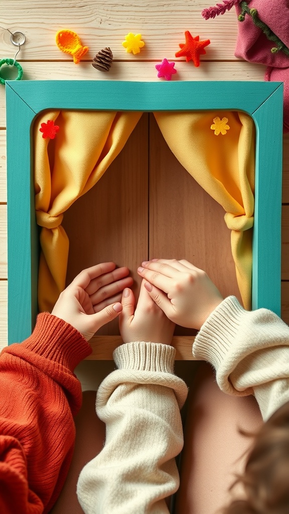 Two children working together with hands on a colorful puppet theater made of pipe cleaners and felt decorations.