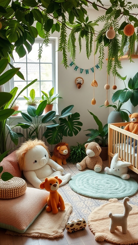 A cozy jungle-themed nursery play area with plush toys, colorful rugs, and greenery.