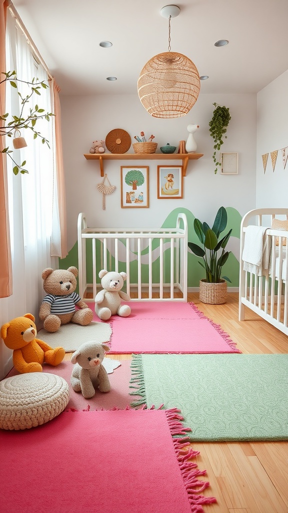 A colorful nursery play area with pink and green mats, plush toys, and a cozy atmosphere.