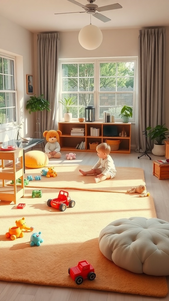 A bright family room play area with soft orange flooring, toys scattered around, and a child playing.