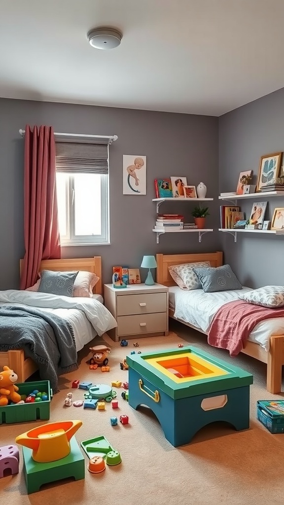 A shared bedroom featuring two twin beds, a colorful play area with toys, and shelves with books and decorations.