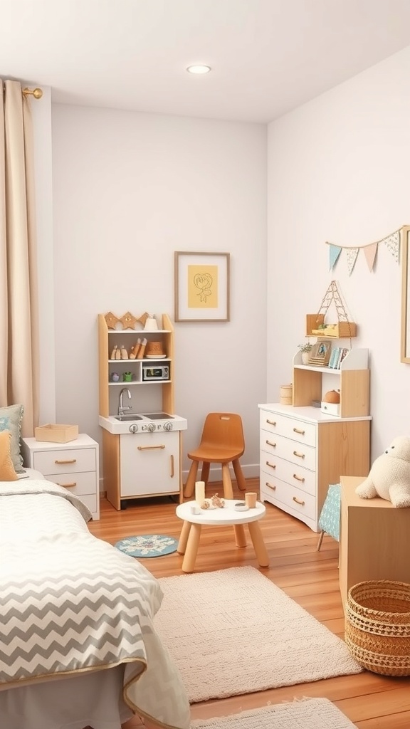 A cozy kindergarten bedroom with a small kitchen set, a table and chair, and playful decor.