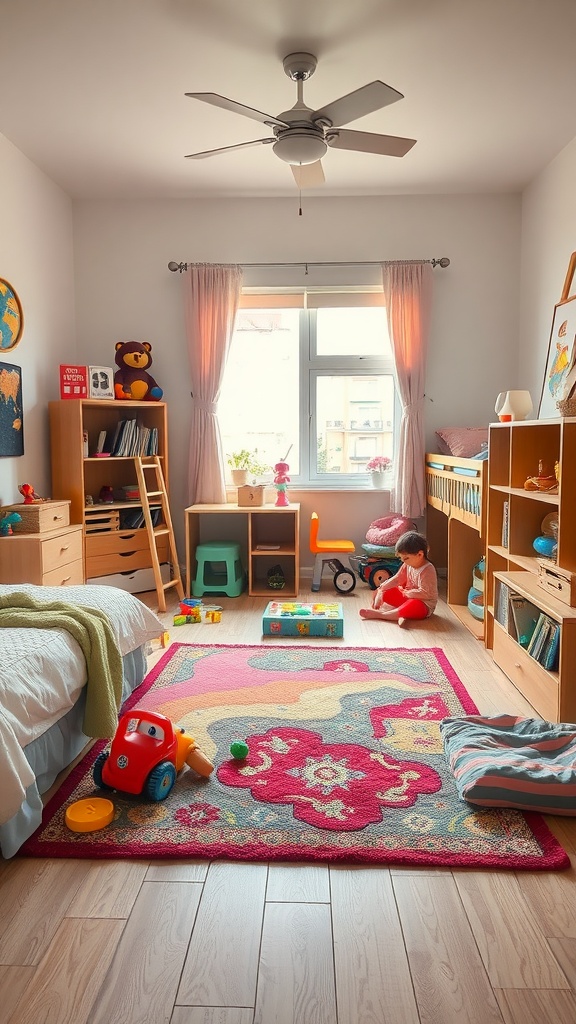 A bright shared bedroom with a play area featuring toys, a colorful rug, and a cozy reading nook.