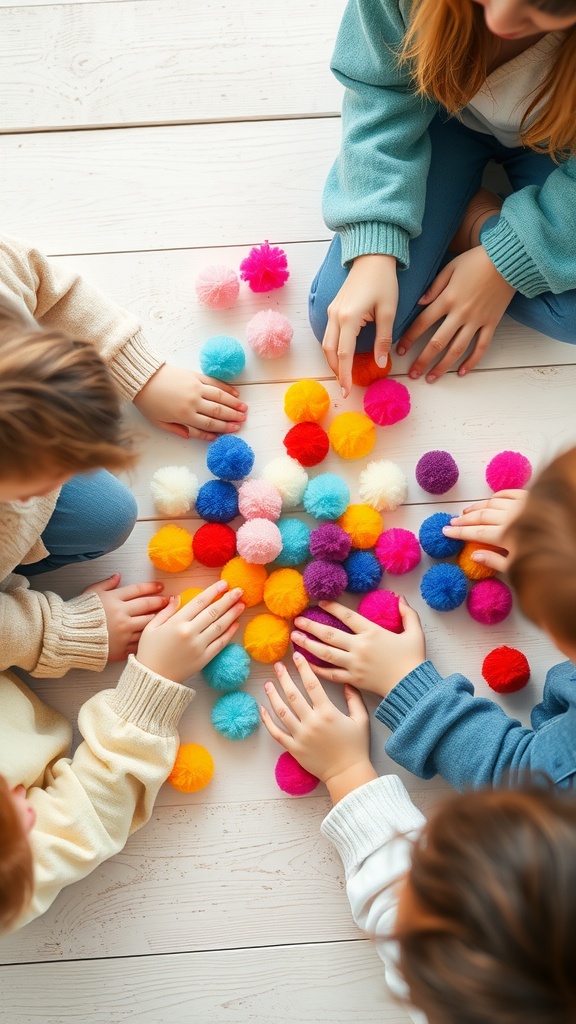 Children playing with colorful pom poms on a wooden floor