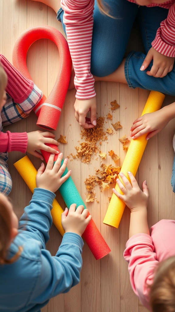 Children playing with colorful pool noodles on a wooden floor, engaging in creative activities.