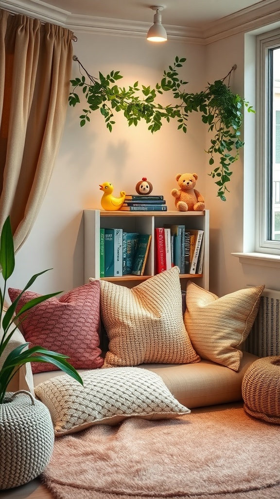 A cozy reading nook with plush cushions, a small bookshelf filled with colorful books, and charming toy decorations.