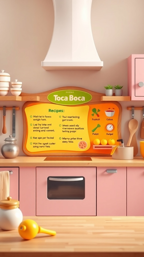 An interactive recipe board in a Toca Boca kitchen with colorful recipes and ingredients.