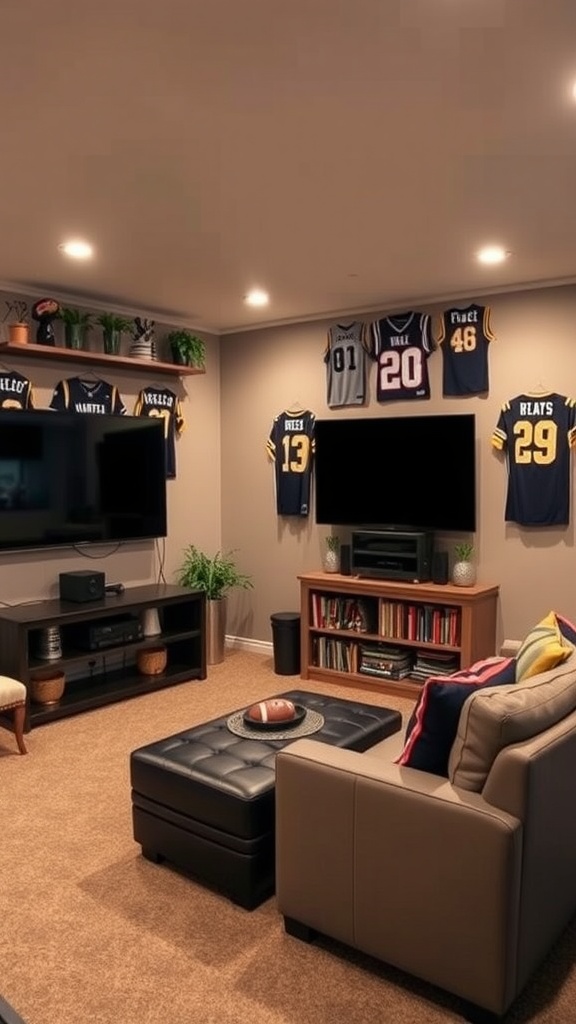 A cozy basement family room designed as an interactive sports hub with jerseys, a couch, and a TV.