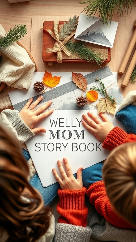 Children's hands on a storybook with natural decorations around