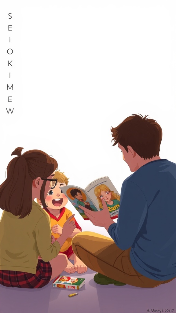 A cozy scene of a family reading a storybook together, setting the stage for a fun movie night.