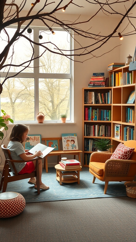 A cozy reading nook with a child reading a book, surrounded by shelves of books and warm decor.
