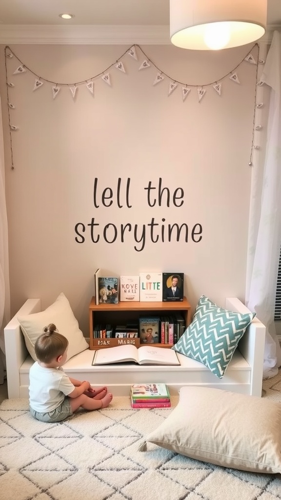 A child sitting in a cozy reading nook with books and pillows.