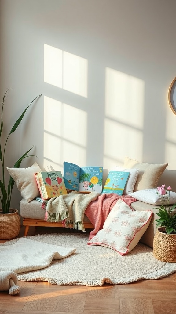 A cozy storytime corner with books, cushions, and natural light
