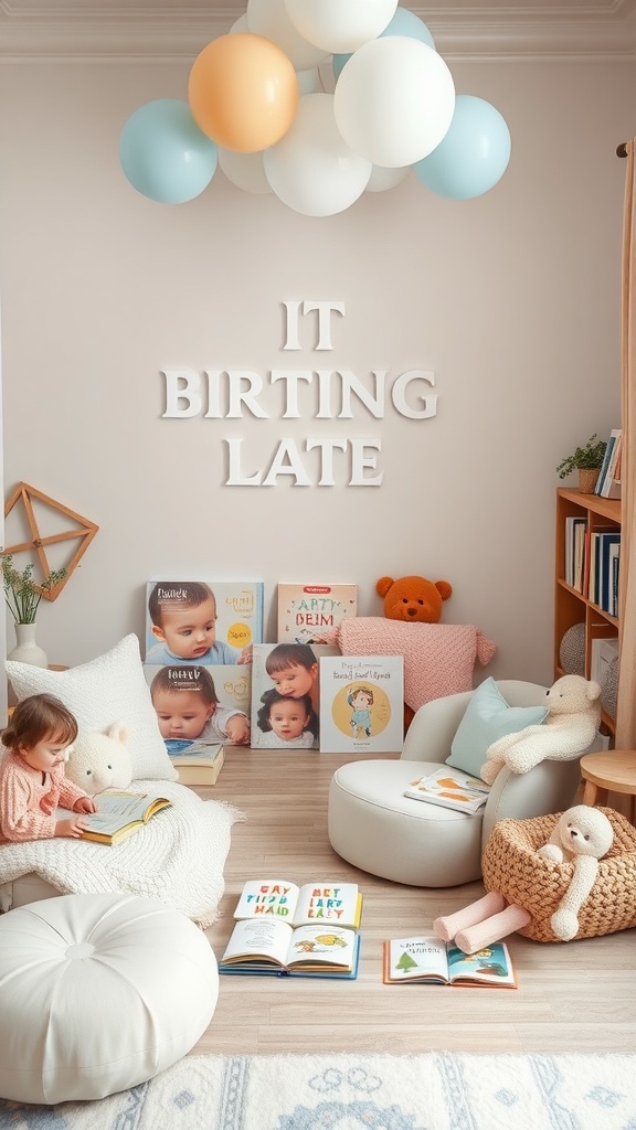 A cozy storytime corner with cushions, books, and a child reading.